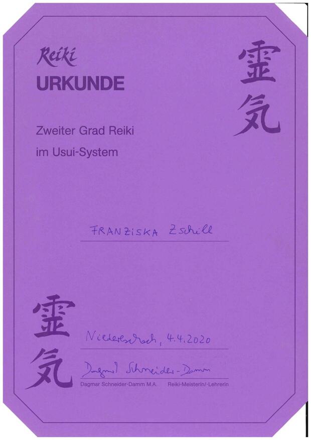 Reiki 2 Grad Zertifikat - Franziska Zschill