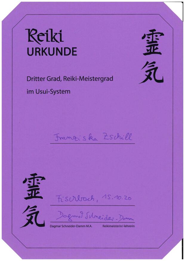 Reiki Meistergrad Zertifikat - Franziska Zschill