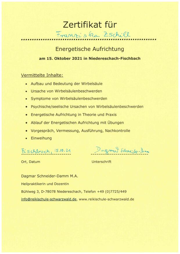 Zertifikat Energetische Wirbelsäulenaufrichtung - Franziska Zschill