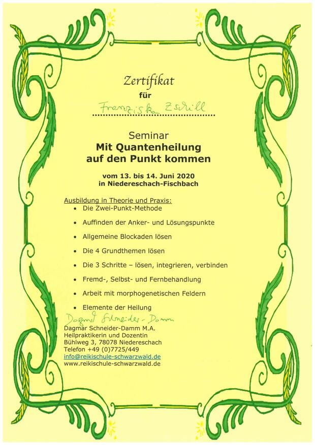 Zertifikat Quantenheilung - Franziska Zschill